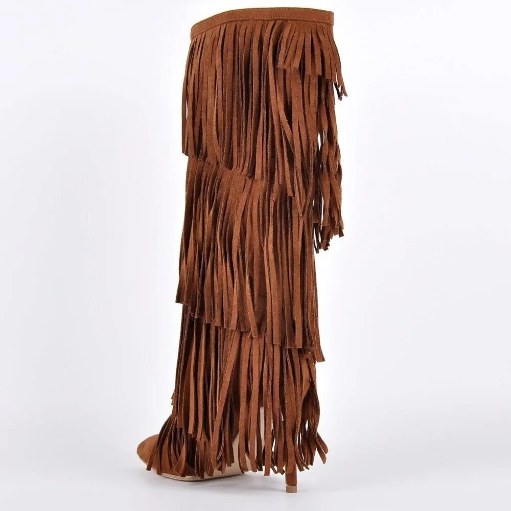 Women's Fringed Knee High Boots Pointy Toe Stilettos Faux Suede High Heels Boot
